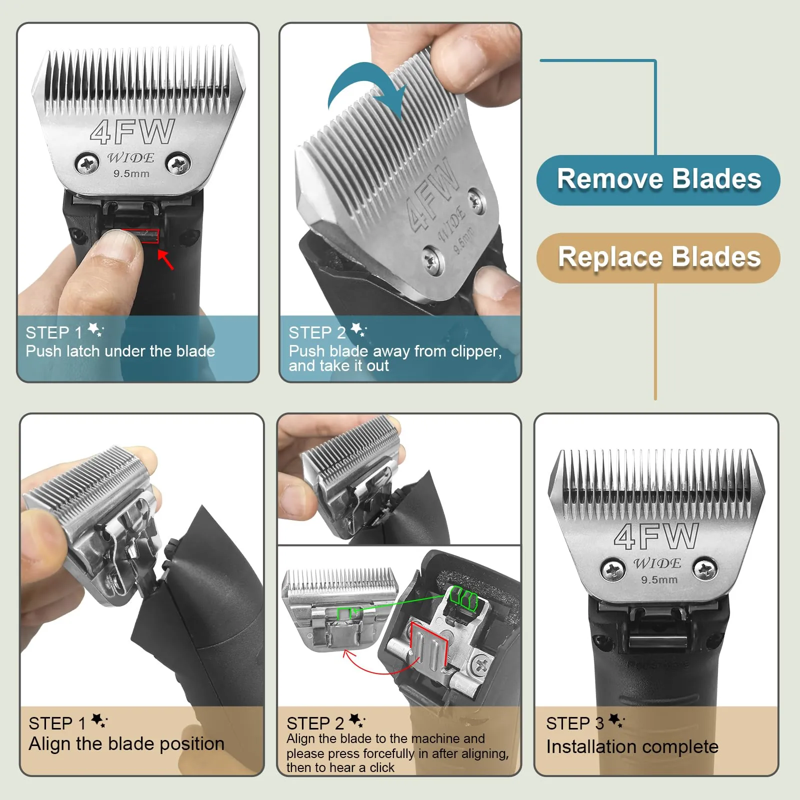 10W wide removable blades for pet grooming, compatible with Andis, Oster A5, Wahl KM10/Moser 45/Masterclip A5 clippers, cutting length 1/16 inch (1.5mm) 10W-1.5mm