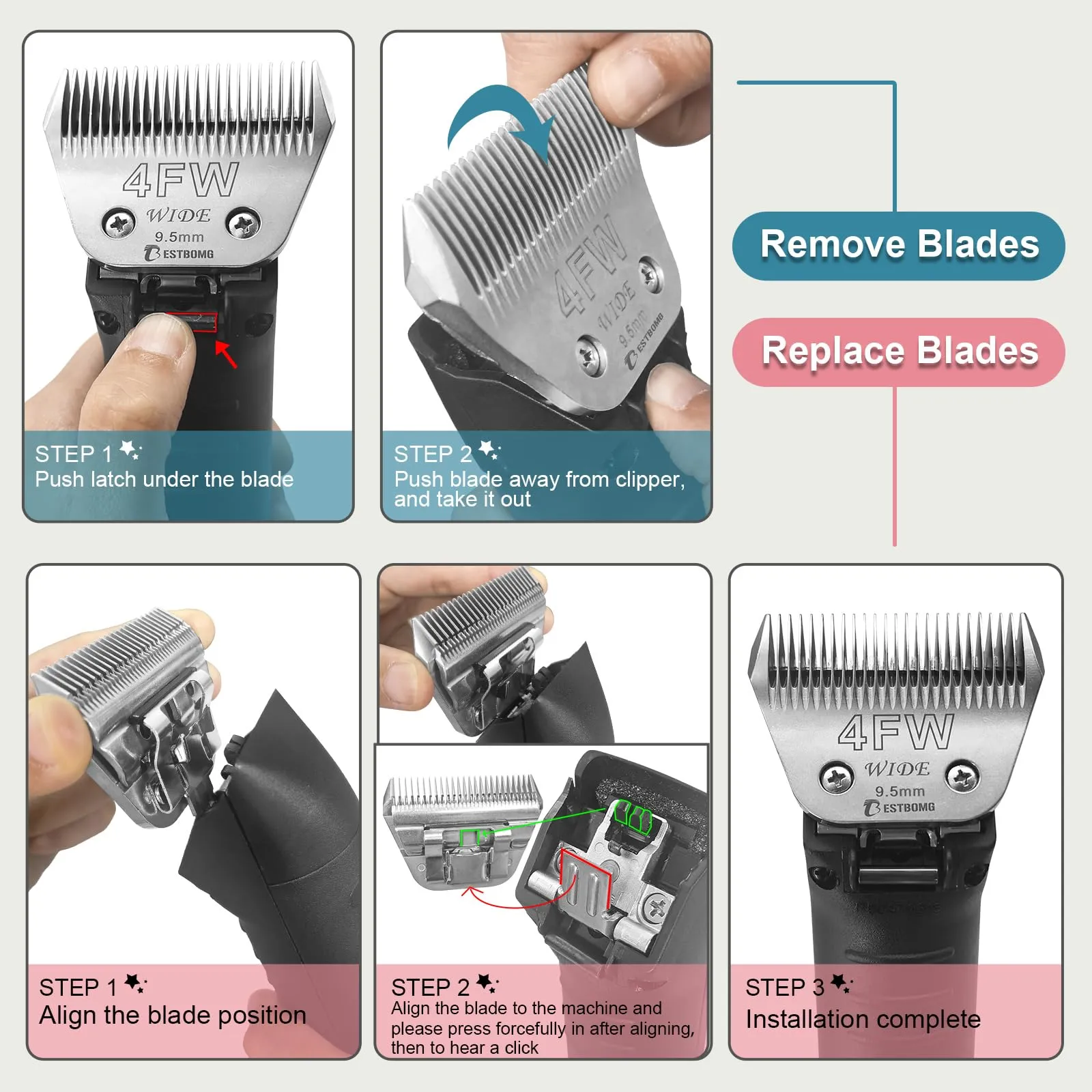 10W wide, removable blades for pet grooming, compatible with Heiniger/Moser Max45/Andis/Oster A5 clippers, cutting length 1/16 inch (1.5mm) 10w 1.5mm