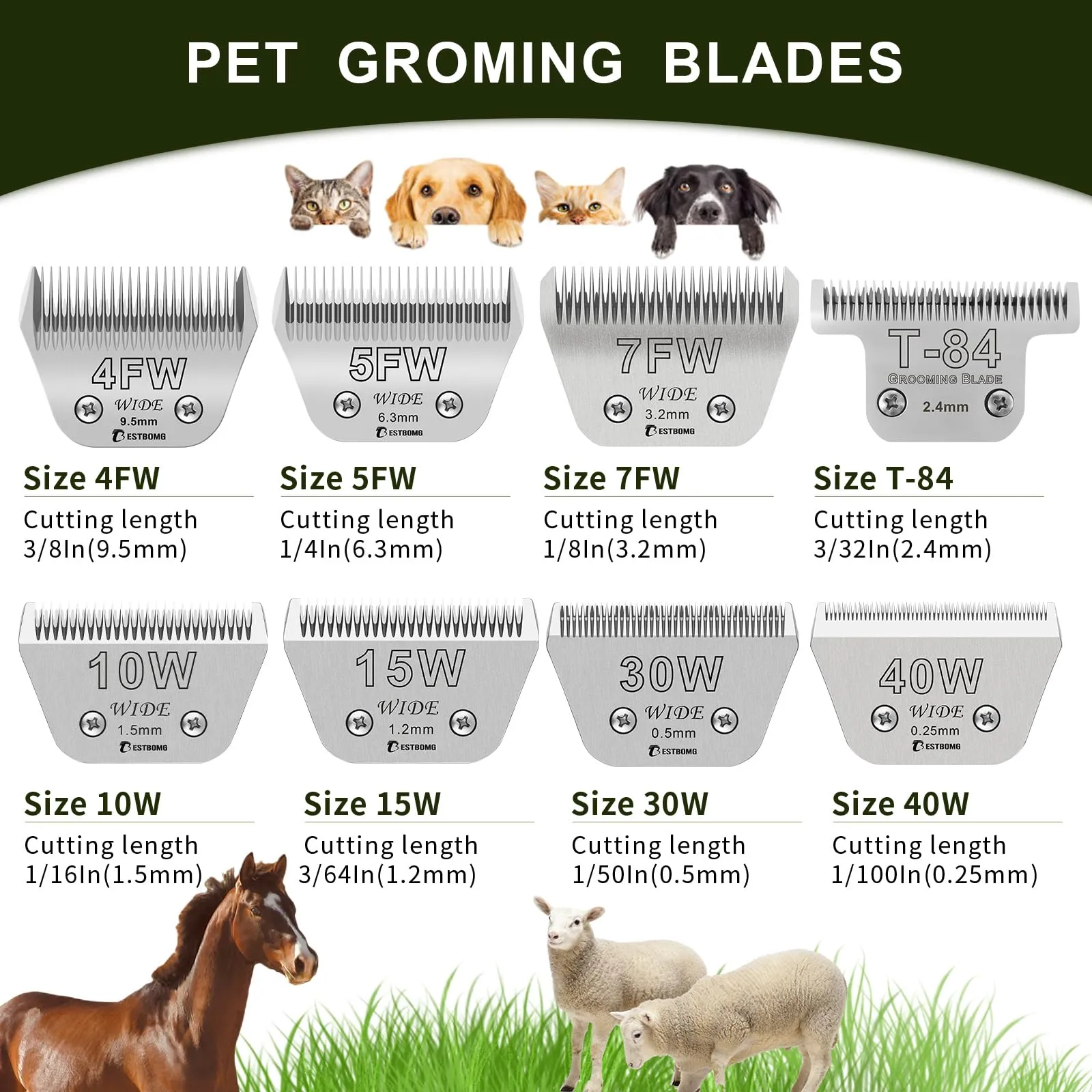 10W wide, removable blades for pet grooming, compatible with Heiniger/Moser Max45/Andis/Oster A5 clippers, cutting length 1/16 inch (1.5mm) 10w 1.5mm