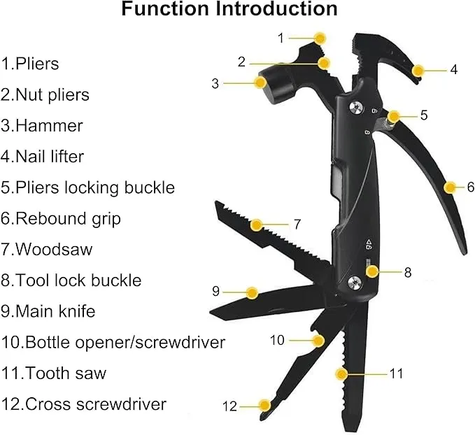 12 in 1 Hammer Multitool Dad Gifts, Father's Day Gifts for Dad, Birthday Gifts for Men, Him, Grandpa, Camping Essentials Camping Gear Tools for Men