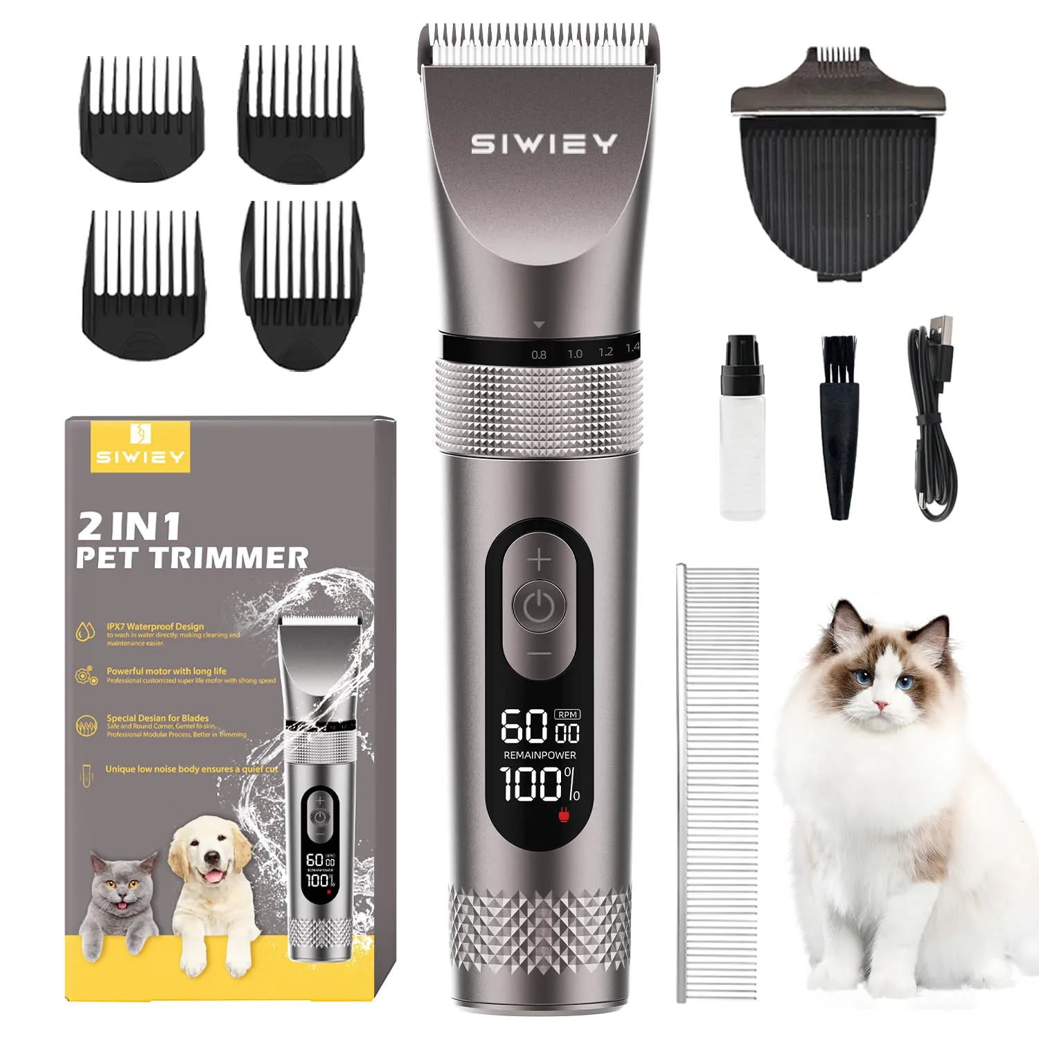 2 in 1 Dog Grooming Clippers with Small Trimmer, 3-Speed High Power Quiet Rechargeable Dog Shaver Hair Clippers Kit, USB Cordless Electric for Dog, Cat, Pet