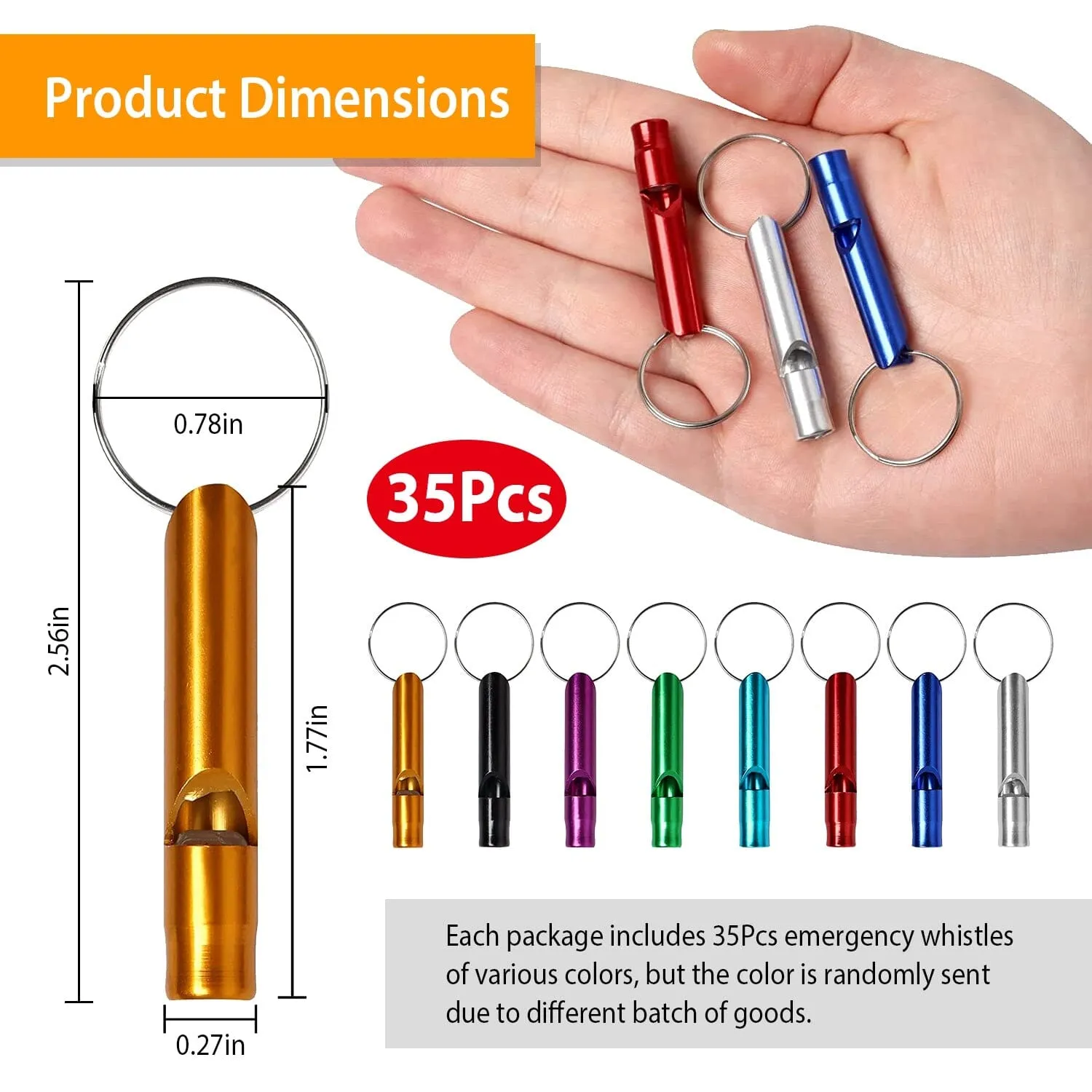 35-Pieces: Emergency Whistle Extra Loud with Key Chain Ring