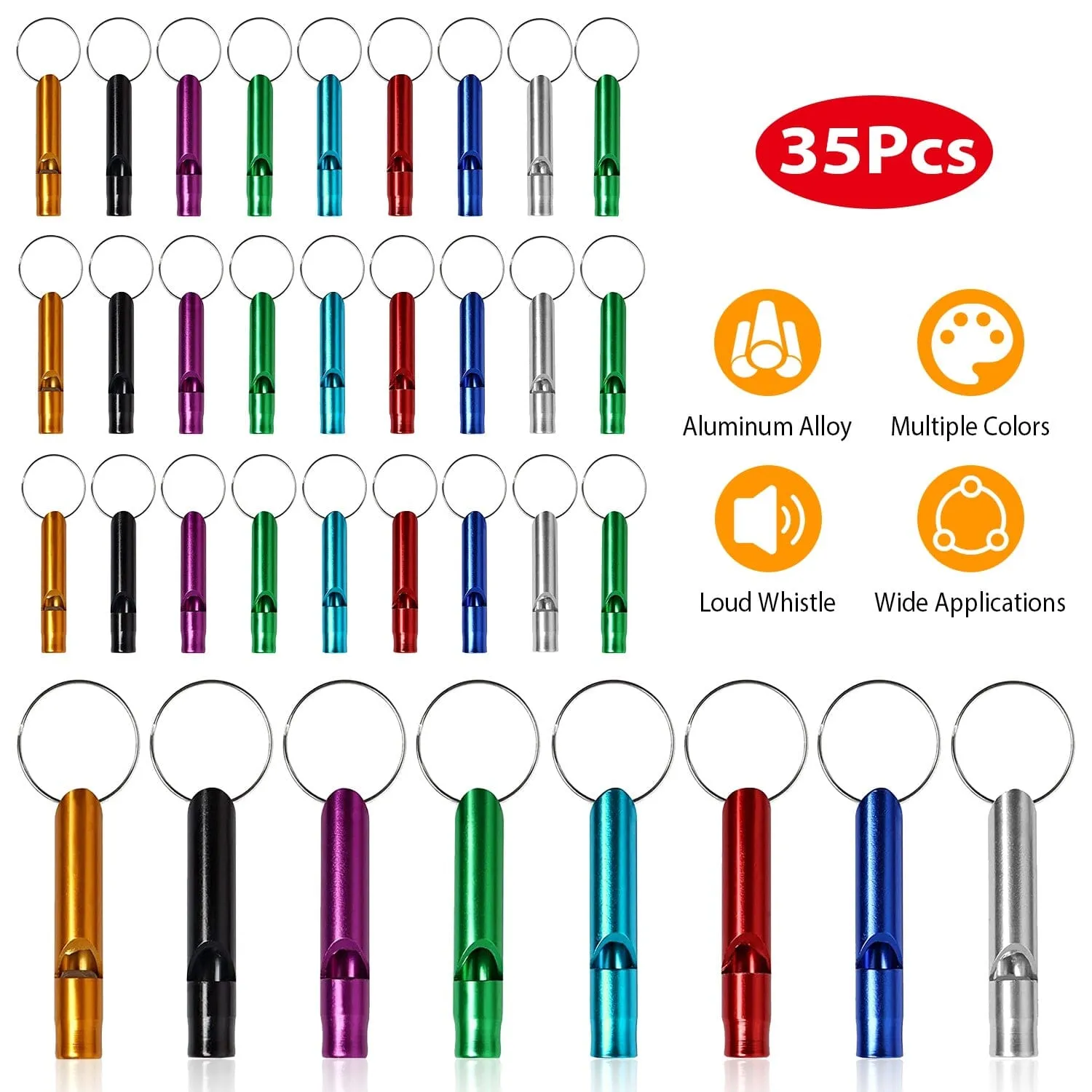 35-Pieces: Emergency Whistle Extra Loud with Key Chain Ring