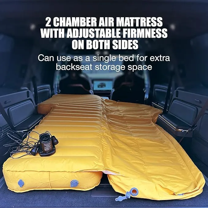 Air Bed, Compatible with Rivian R1S and Mercedes EQS, Heavy-Duty Inflatable Backseat Car Mattress with Air Pump and Storage Bag, Camping and Travel Gear, 84x53x4-Inches, Yellow