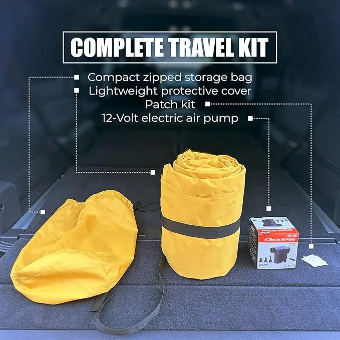 Air Bed, Compatible with Rivian R1S and Mercedes EQS, Heavy-Duty Inflatable Backseat Car Mattress with Air Pump and Storage Bag, Camping and Travel Gear, 84x53x4-Inches, Yellow