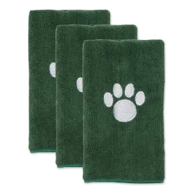 Bone Dry Small Pet Towel Set - 3 Pack - Embroidered Paw, Hunter Green, 15x30"
