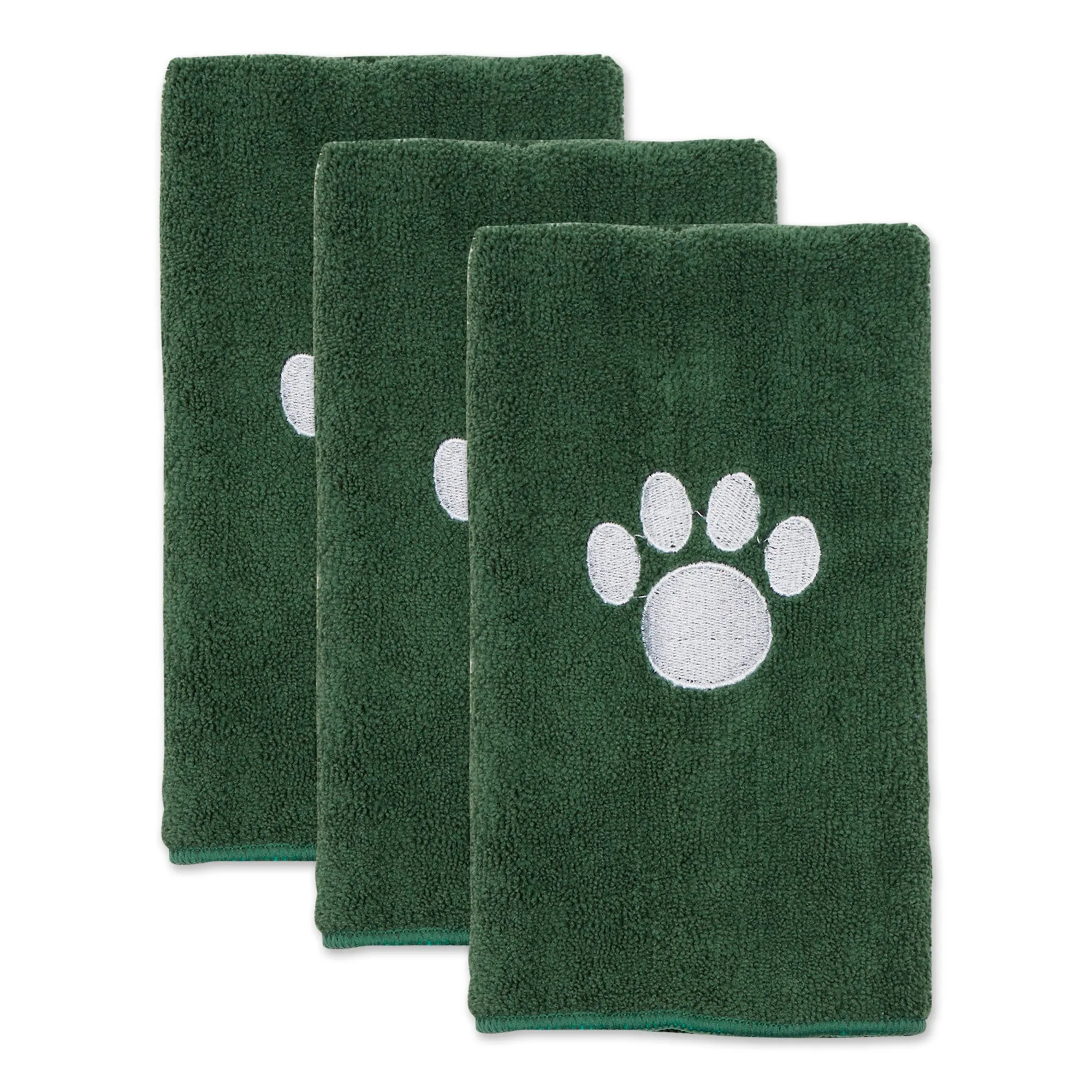 Bone Dry Small Pet Towel Set - 3 Pack - Embroidered Paw, Hunter Green, 15x30"