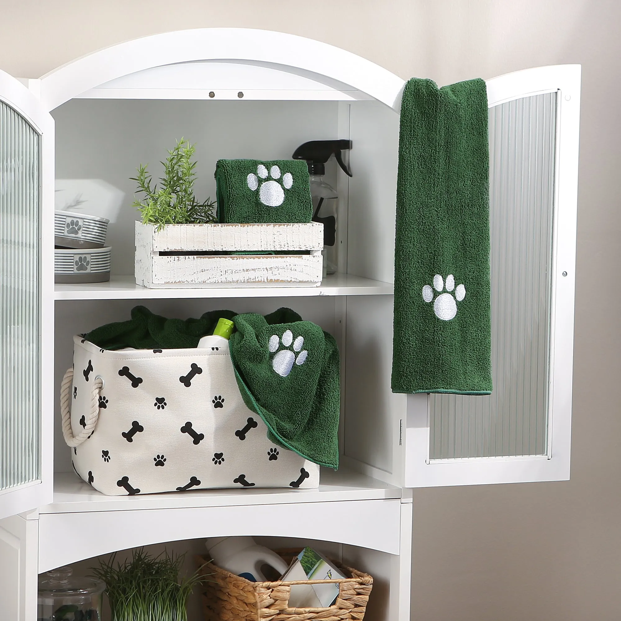 Bone Dry Small Pet Towel Set - 3 Pack - Embroidered Paw, Hunter Green, 15x30"