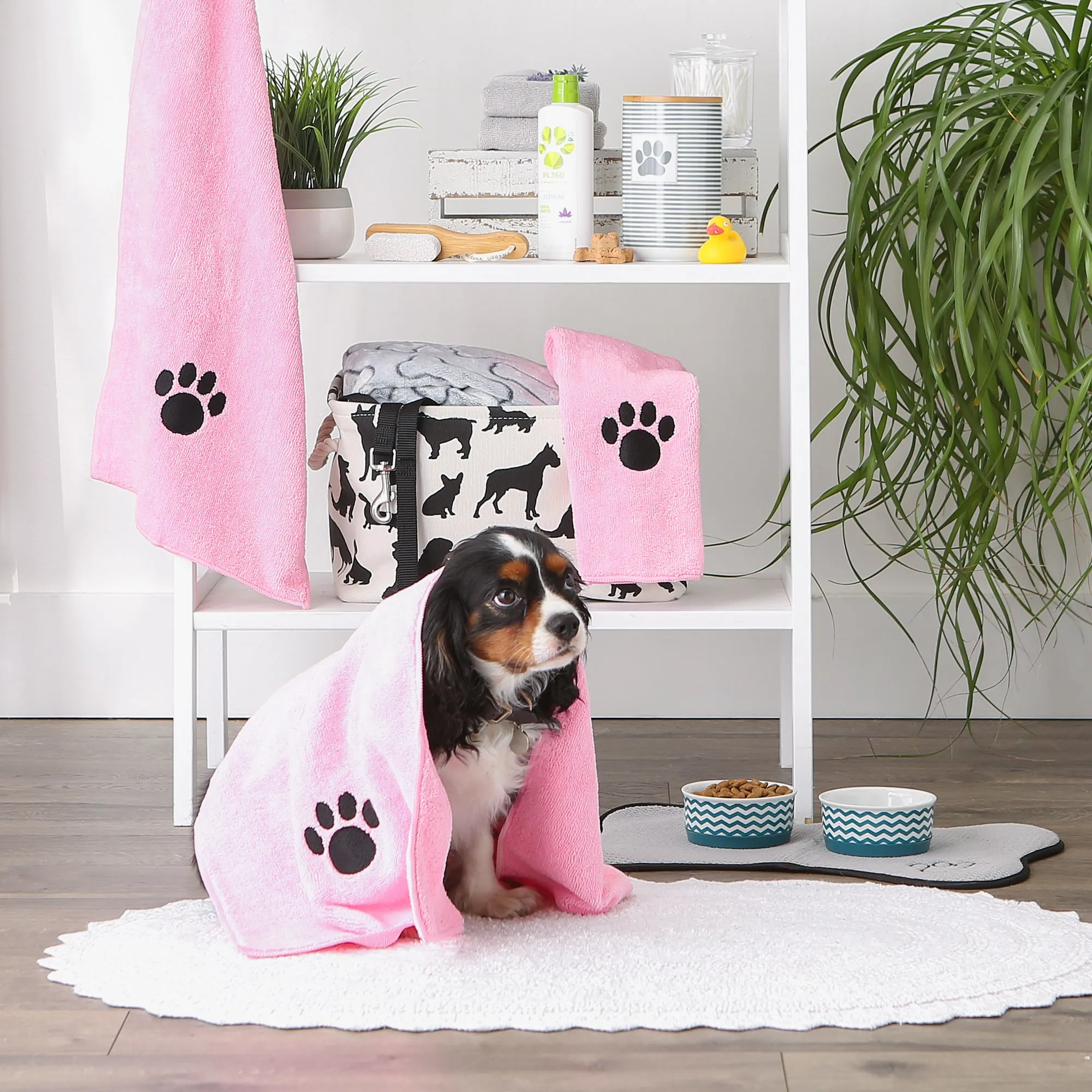Bone Dry Small Pet Towel Set - 3 Pack - Embroidered Paw, Pink, 15x30"