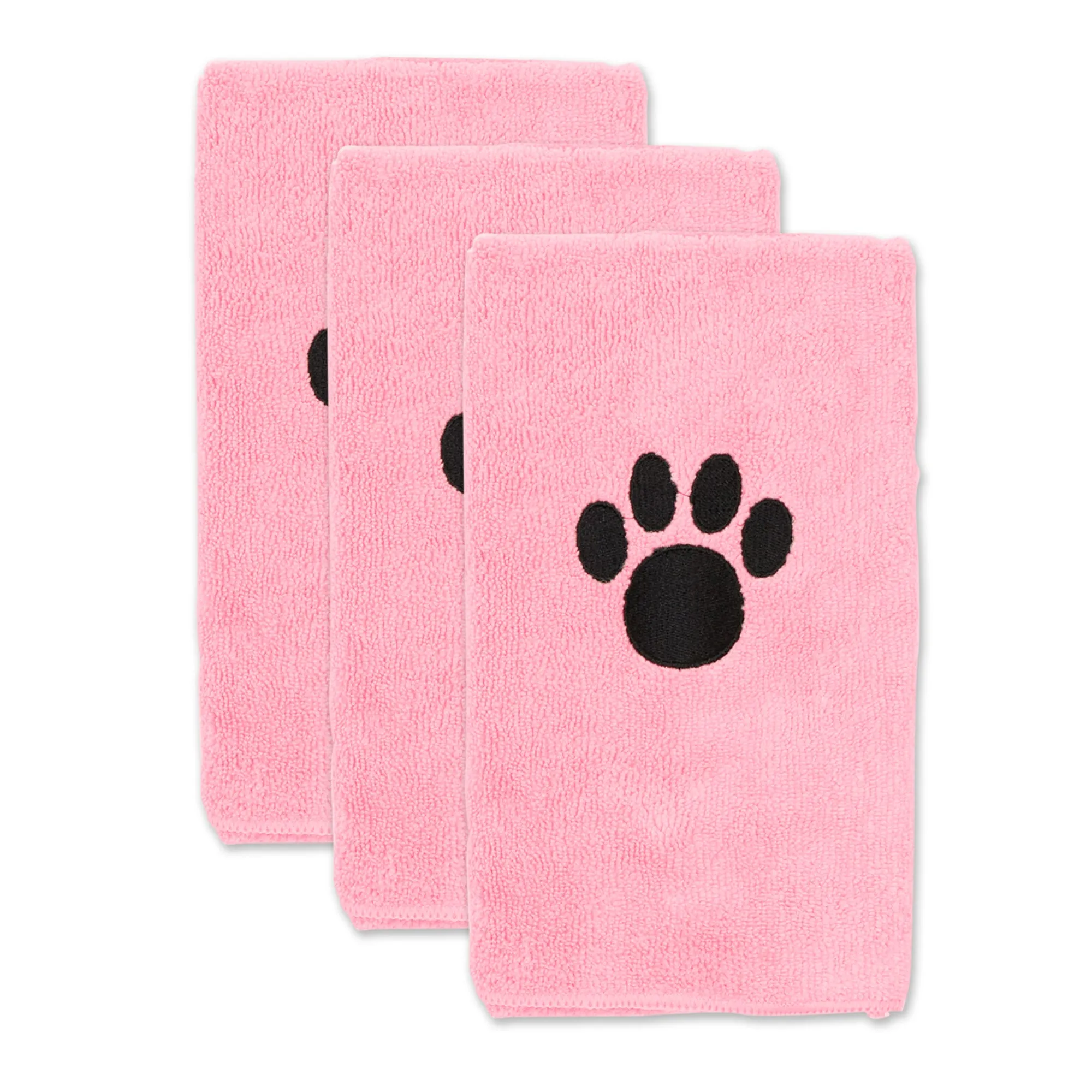 Bone Dry Small Pet Towel Set - 3 Pack - Embroidered Paw, Pink, 15x30"