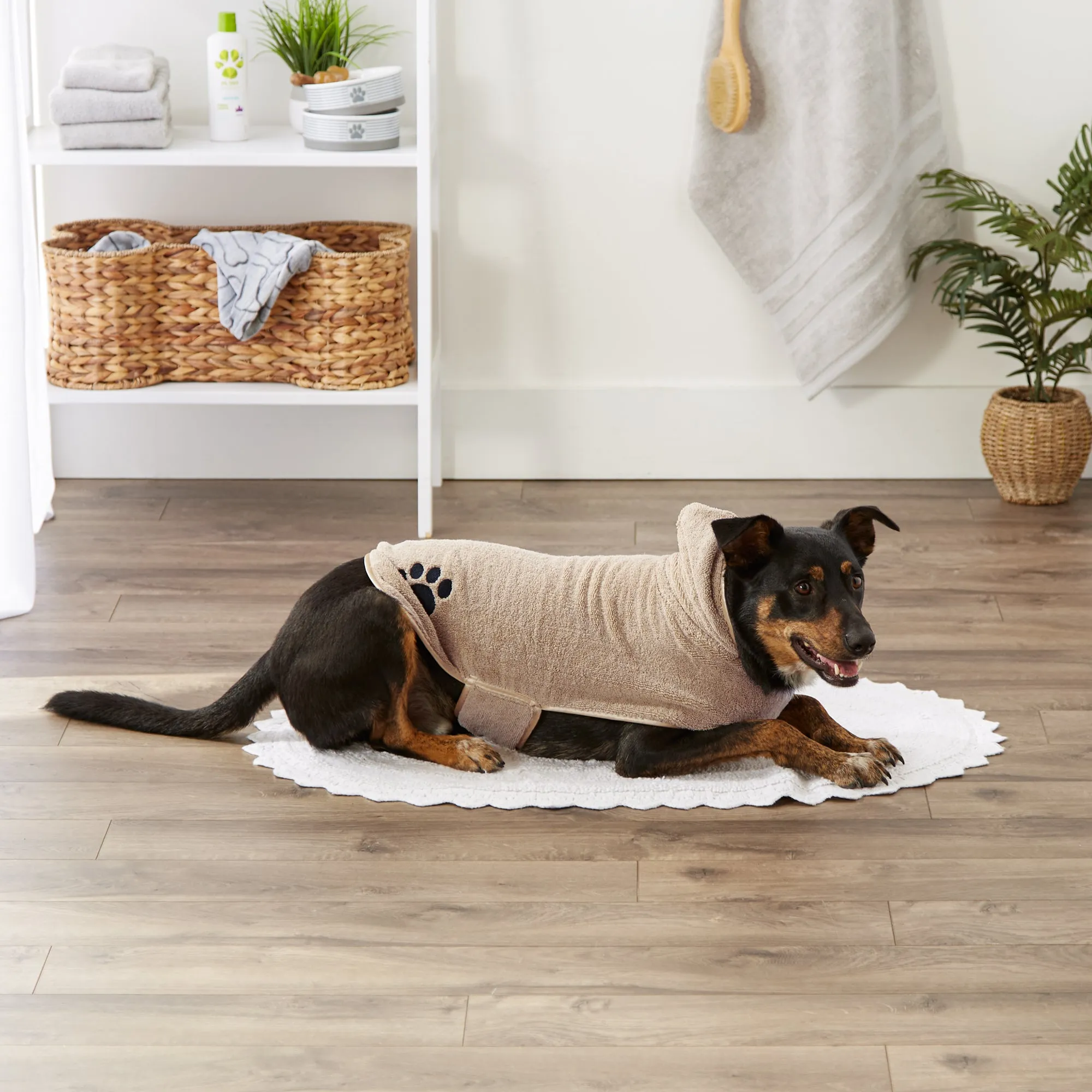 Bone Dry Terry Microfiber Pet Robe, Embroidered Paw Print - Taupe - Medium, 20-35 Lbs