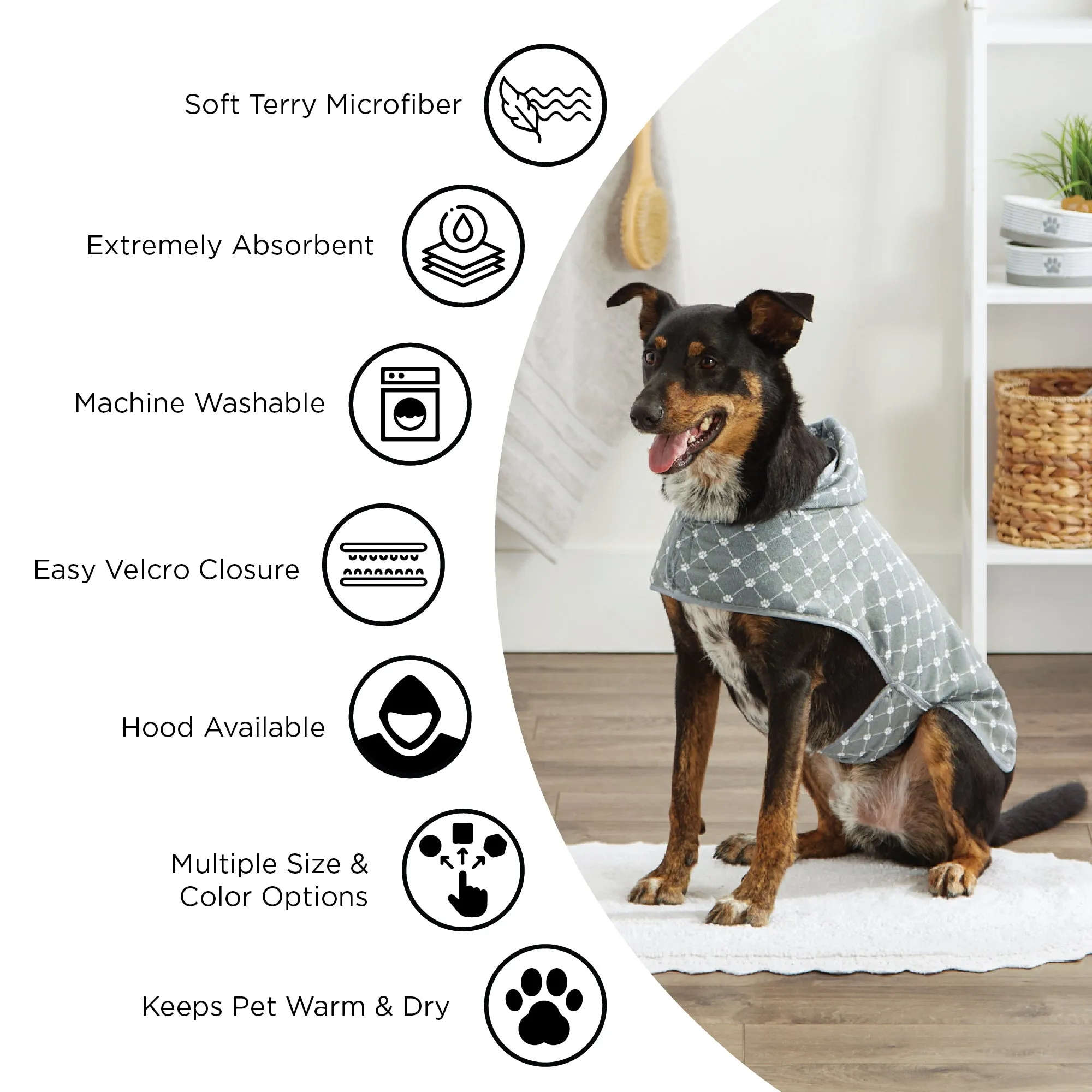 Microfiber Pet Robe, Trellis Paw Print - Stonewash Blue - Small, 10-20 Lbs