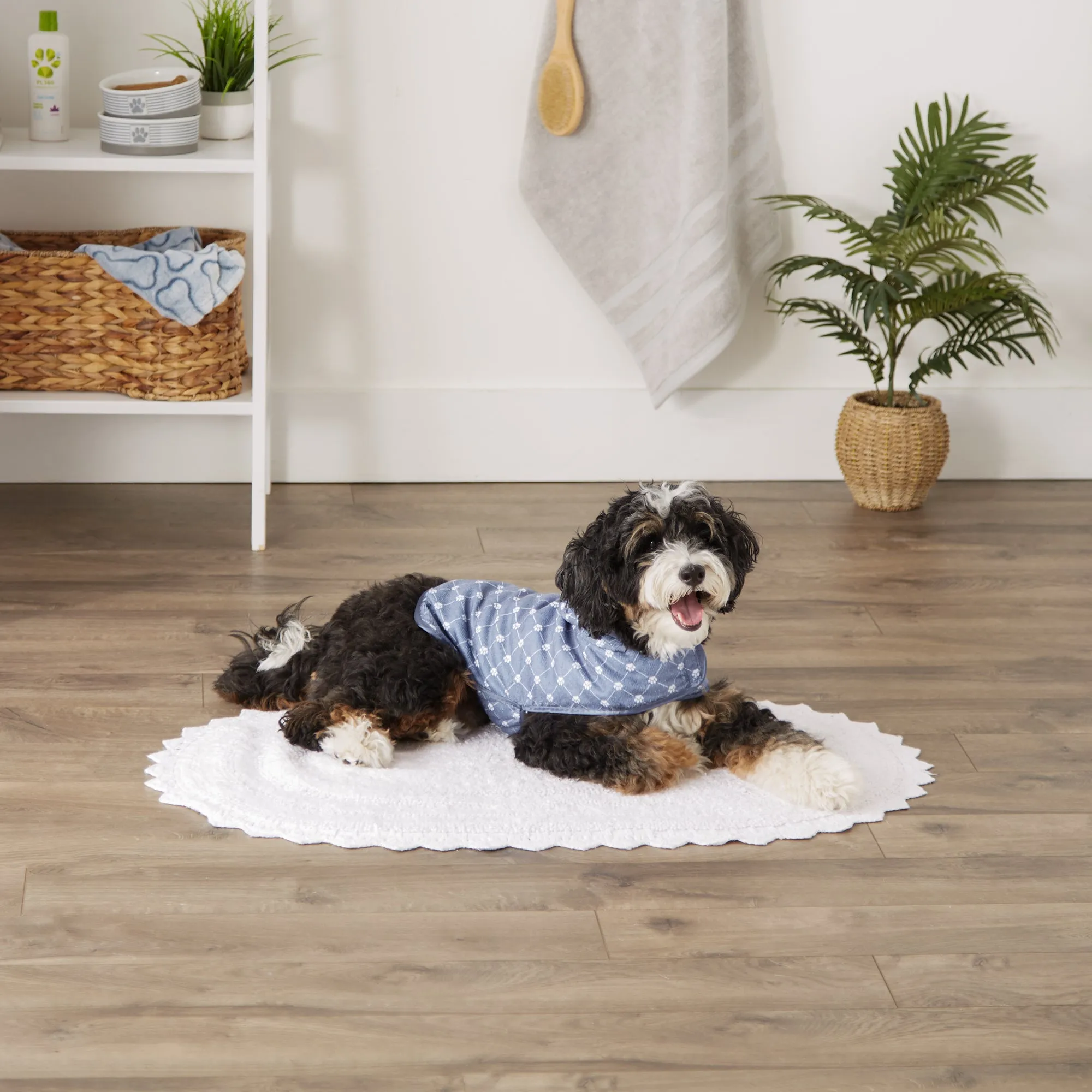 Microfiber Pet Robe, Trellis Paw Print - Stonewash Blue - Small, 10-20 Lbs