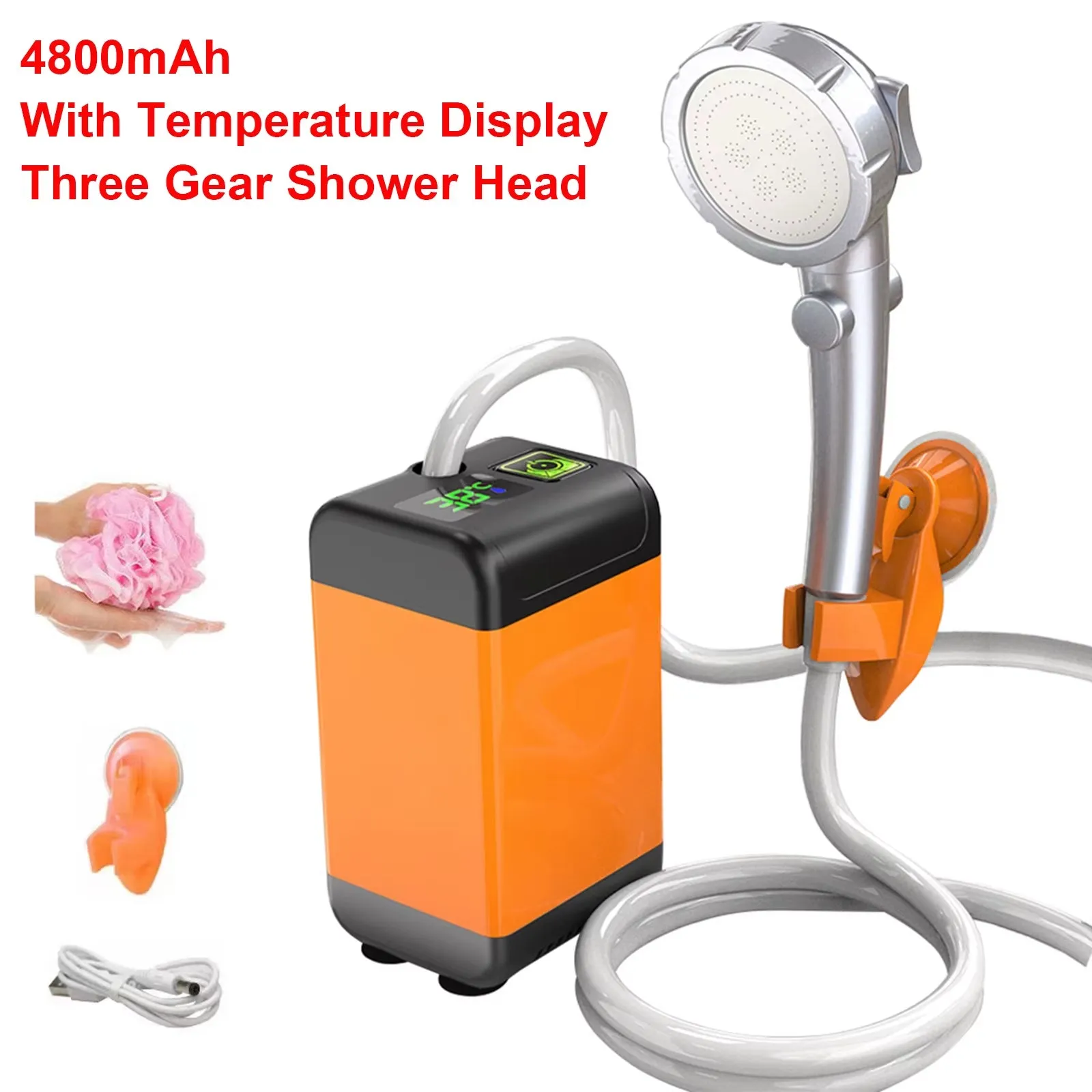 Outdoor Camping Shower Portable Rechargeable Shower Head Bathing 3.7V Pump 4.9Ft for Travel Hiking Beach Pet Cleaning Equipment