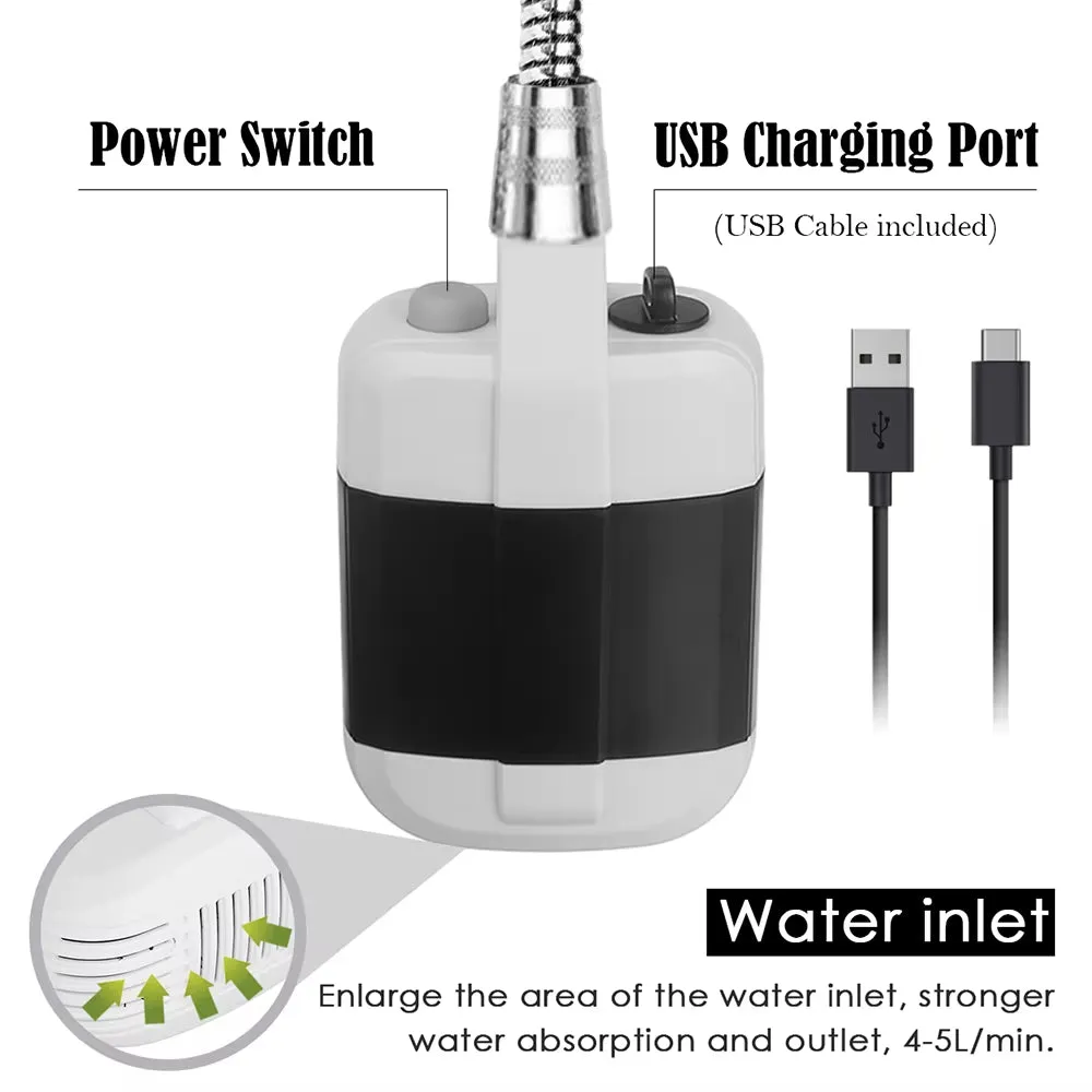 Outdoor Camping Shower Portable Rechargeable Shower Head Bathing 3.7V Pump 4.9Ft for Travel Hiking Beach Pet Cleaning Equipment