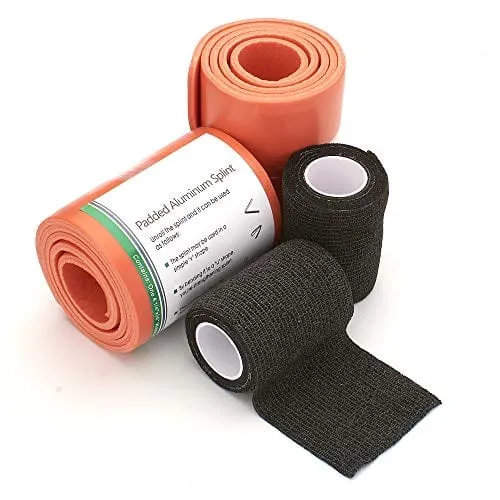 Universal Aluminum Rolled Emergency Splint and 2 Self-Adherent Cohesive Tape Rolls - Ideal Wrap for Sports, First Aid, Pets
