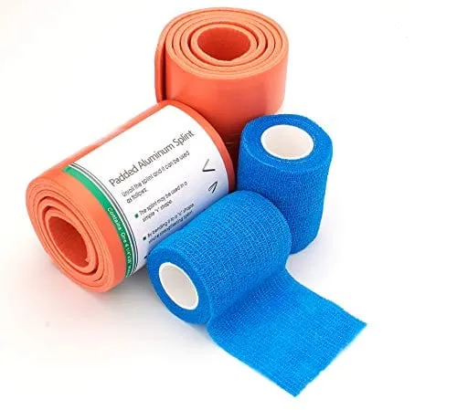 Universal Aluminum Rolled Emergency Splint and 2 Self-Adherent Cohesive Tape Rolls - Ideal Wrap for Sports, First Aid, Pets