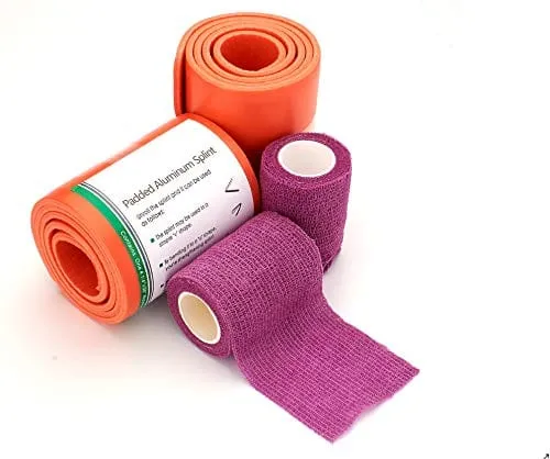 Universal Aluminum Rolled Emergency Splint and 2 Self-Adherent Cohesive Tape Rolls - Ideal Wrap for Sports, First Aid, Pets